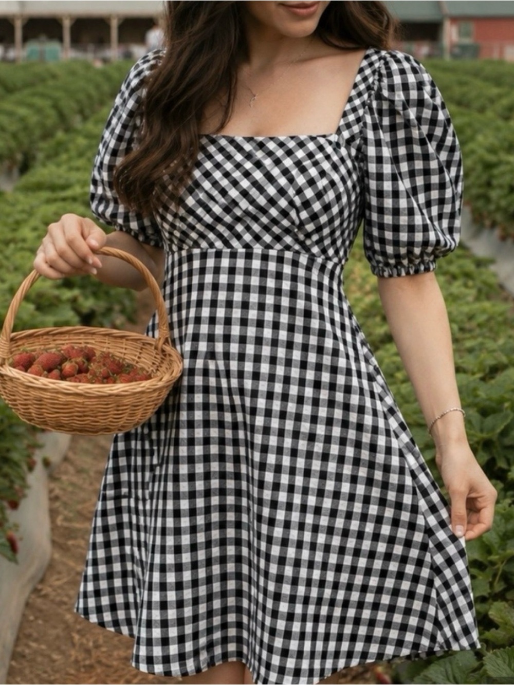 Altar’d State Square Neck Black & White Gingham Puff Sleeve Dress - Size M